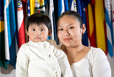 Latin Mother and Child in Front of Flags